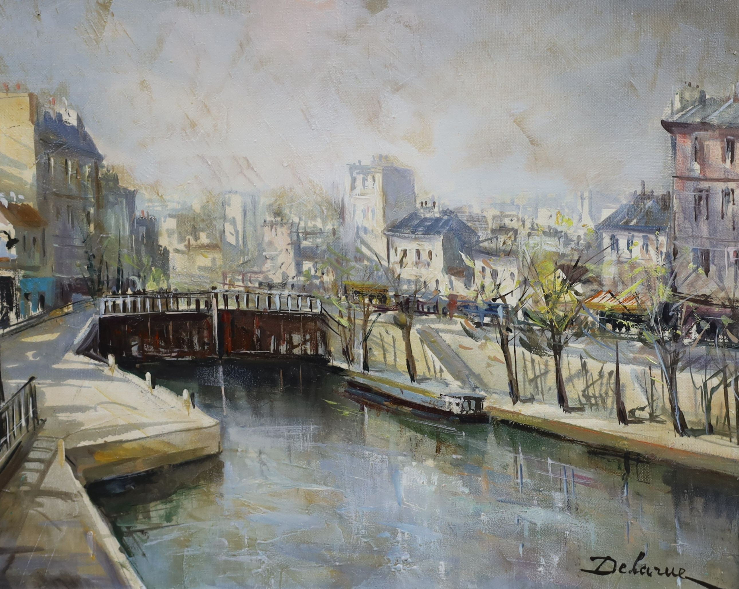 Lucien Delarue (French, 1925-2011), oil on canvas, 'Lock Gates', signed, 31 x 39cm, with Stacy Marks certificate